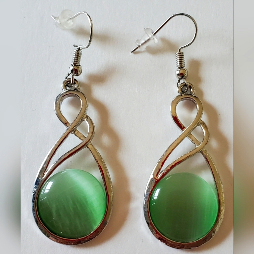 Green Tigers Eye- Style and Gold Tone French Hook Drop Earrings